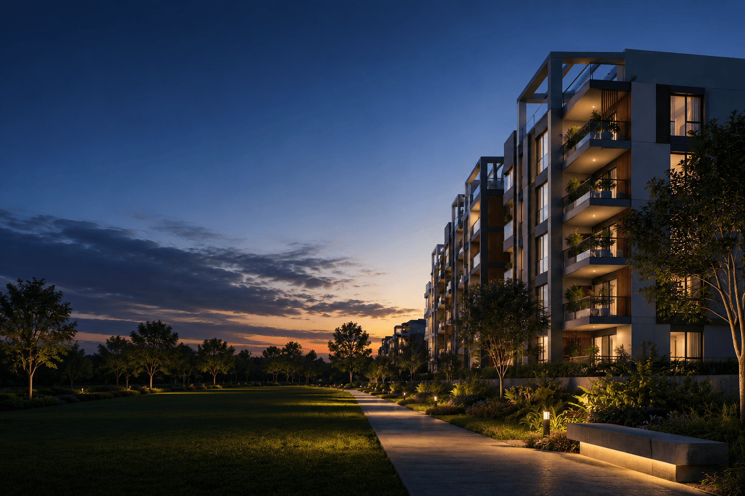 Residential apartment complex at dusk, West Pune — Habitation Oracle advisory