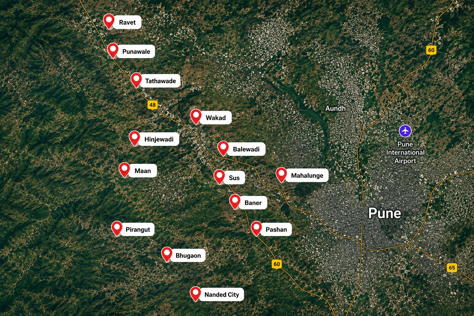 Satellite map of West Pune service area — Ravet, Punawale, Tathawade, Wakad, Maan, Balewadi, Hinjewadi, Sus, Mahalunge, Baner, Pashan, Pirangut, Bhugaon, and Nanded City